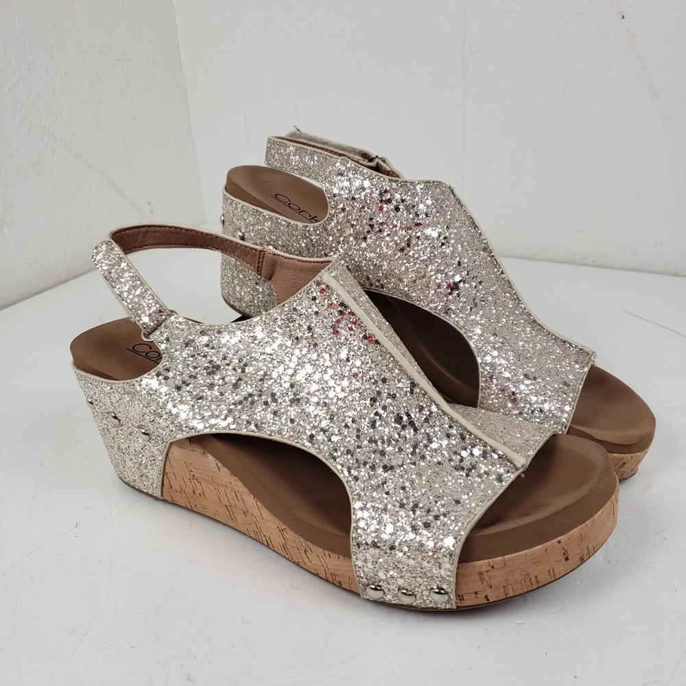 Corkys Carley Champagne Silver Glitter Wedge Sandals Studded Slingback Size 11